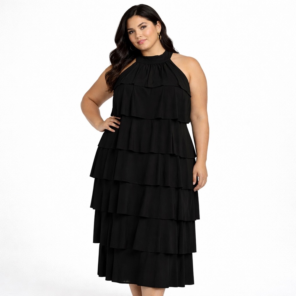 Black Tiered Ruffle Maxi Dress 3X Halter Neck Heavy Draped Elegant Keyhole Back